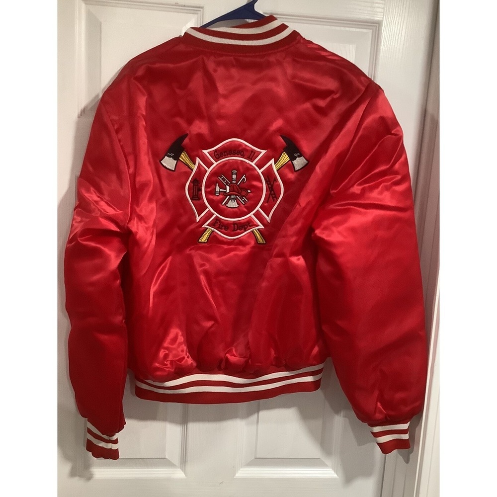 Vintage Halloway Red USA Made Bomber Jacket White Stripes Size Large Fire Dep